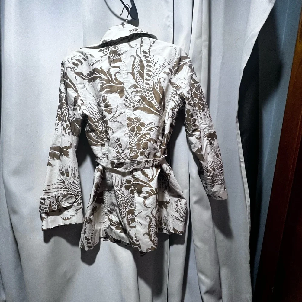 CAbi Floral Belted Trench Jacket Medium Cream Brown Double Breasted Trench Coat - Picture 3 of 7